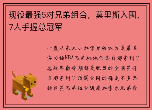 现役最强5对兄弟组合，莫里斯入围，7人手握总冠军