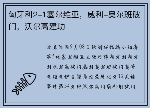 匈牙利2-1塞尔维亚，威利-奥尔班破门，沃尔高建功